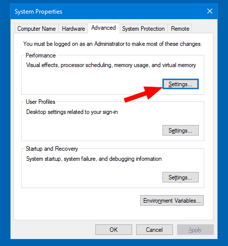 System Properties Advanced Settings Button