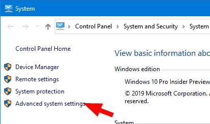 System Properties Window Advanced Properties Link