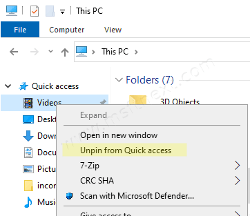 Windows 10 Unpin Folder From Quick Access