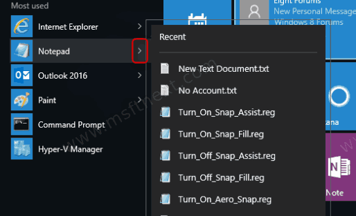 Start Menu Jump List Recent Files