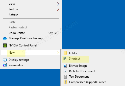 Windows 10 New Shortcut Desktop Context Menu