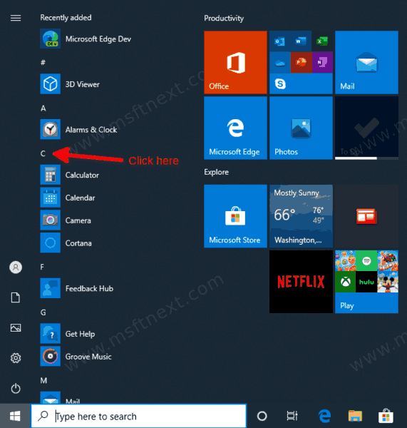 Alphabet Navigation Windows 10 Start Menu Step 1