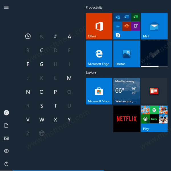 Navigate Apps by Alphabet in Windows 10 Start menu