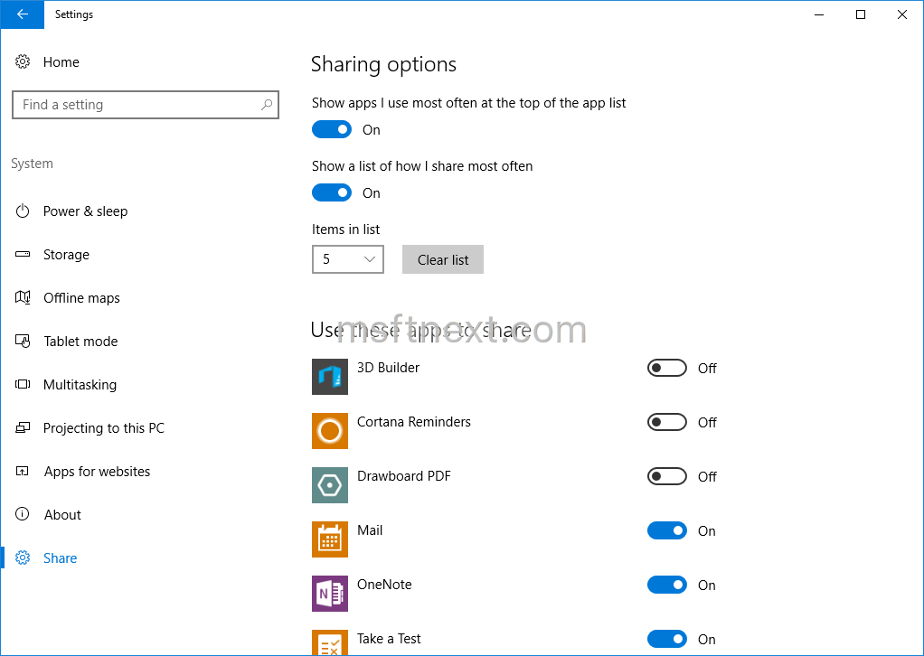 Hidden “Share” page in Settings – enable in Windows 10