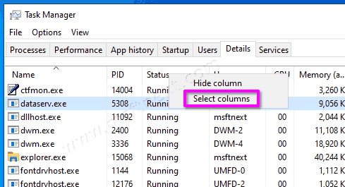 Task Manager Select Columns