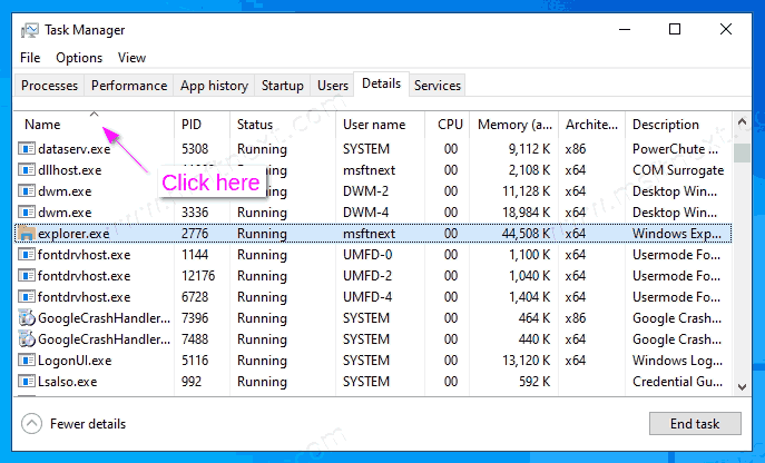 Task Manager Sort Processes