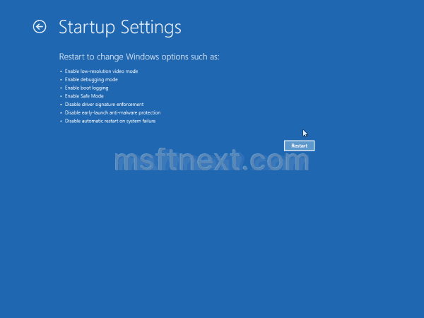 Windows 10 Startup Settings Restart Button