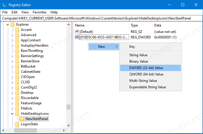 Windows 10 HideDesktopIcons NewStartPanel New DWORD Value