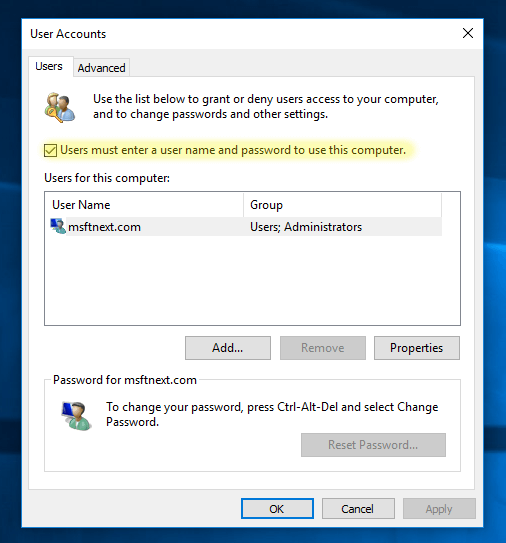 Windows 10 Classic User Accounts Dialog
