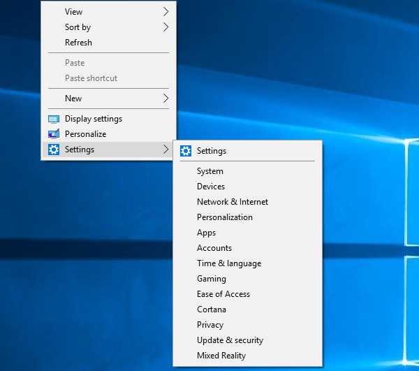 Settings Menu Windows 10