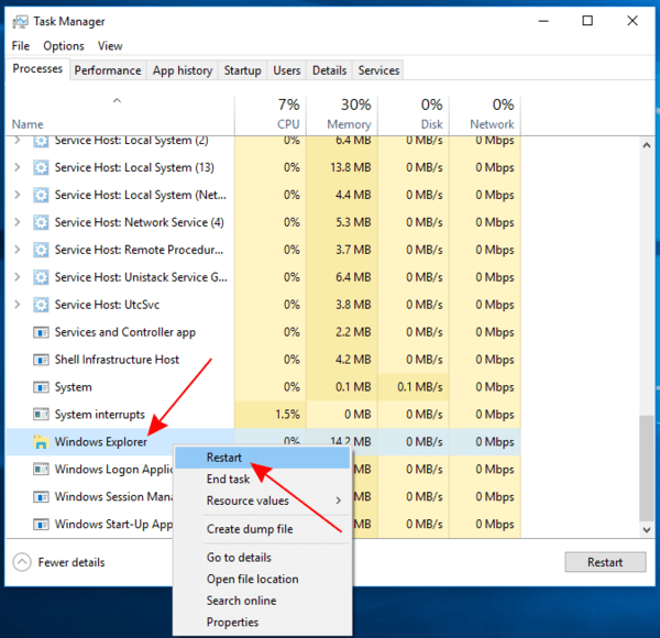 Task Manager Restart Explorer Menu