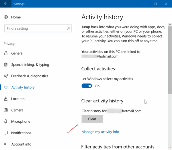 Clear Activity History Windows 10