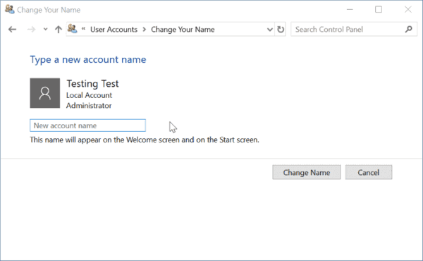 Rename User Account Windows 10 Control Panel