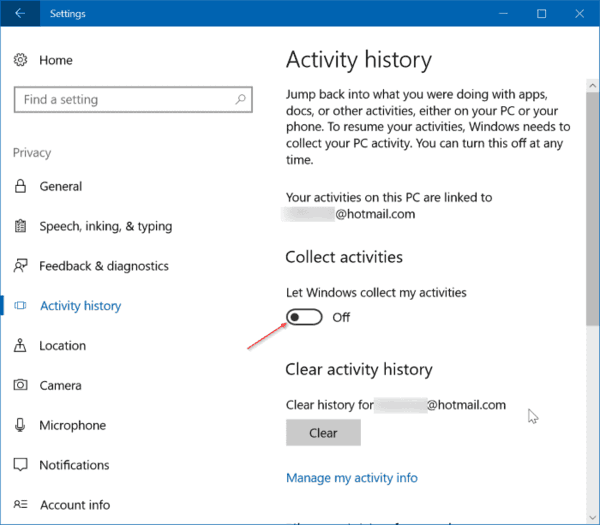 Disable Activity History Windows 10