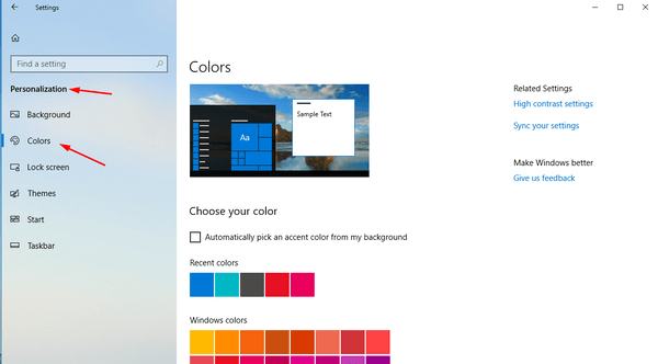 Windows 10 Personalization Color