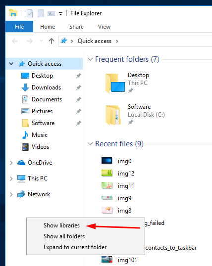 Enable Libraries In Windows 10 Figure 1