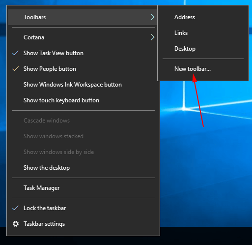 Windows 10 Enable Quick Launch Toolbar Step 1