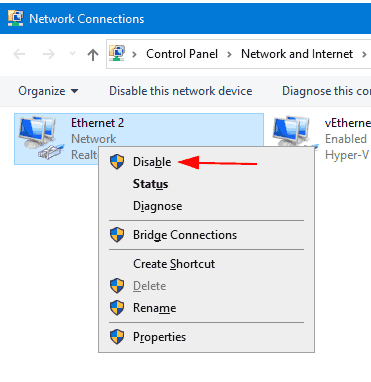 Windows 10 Disable Network Adapter