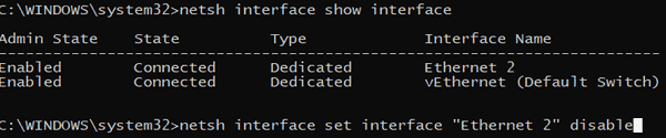 Windows 10 Netsh Disable Network Interface