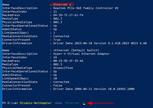 Windows 10 PowerShell Disable Network Adapter