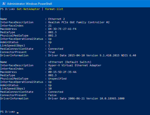 Windows 10 PowerShell List Network Adapters