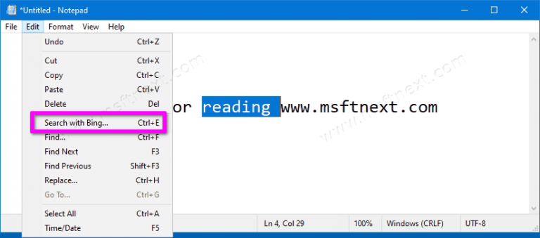 How to Search with Bing from Notepad in Windows 10