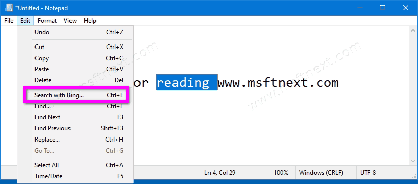 Notepad Search With Bing In Windows 10 Option 2