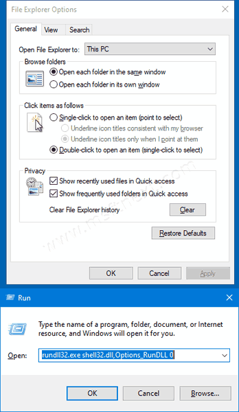 Windows 10 File Explorer Options Dialog Rundll32