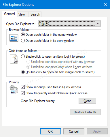 Windows 10 File Explorer Options Dialog