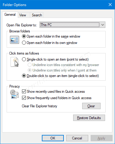 Windows 10 Folder Options Dialog