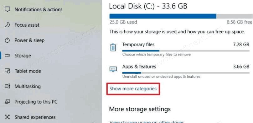 Settings Storage Show More Categories