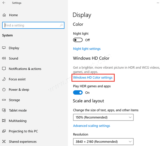 Windows 10 Windows HD Color Settings