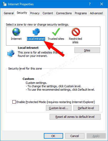 Windows 10 Internet Properties Security Tab Local Intranet Icon