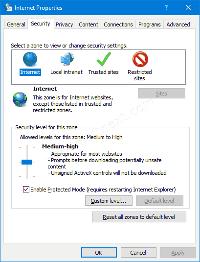 Windows 10 Internet Properties Security Tab