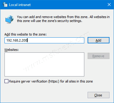 Windows 10 Local Intranet Add IP Address