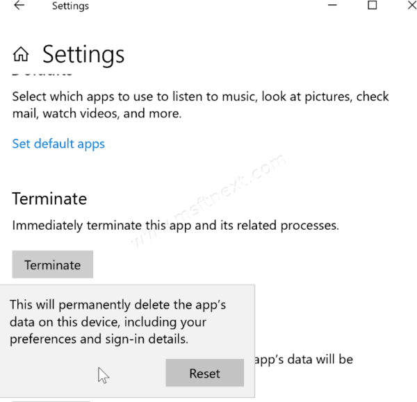 Reset Settings app in Windows 10