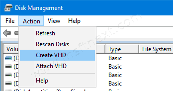Disk Management Create VHD