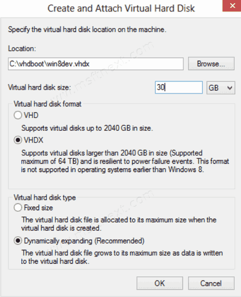 Disk Management Create VHD