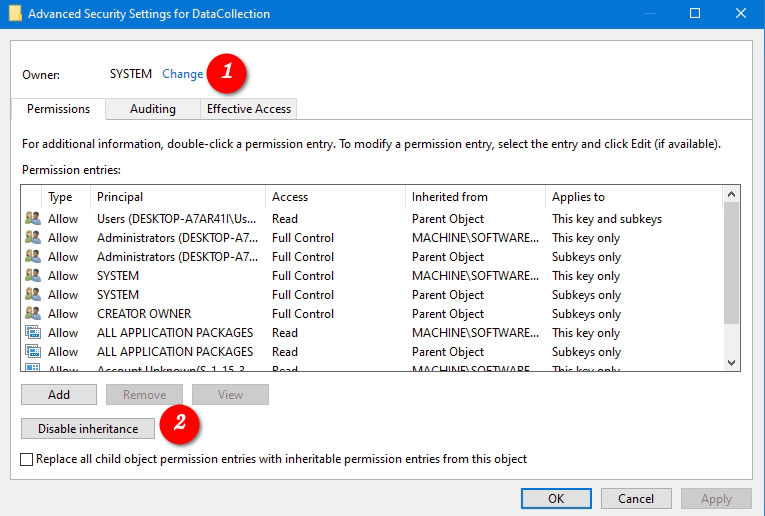 Windows 10 Disable Inheritance For Registry Key