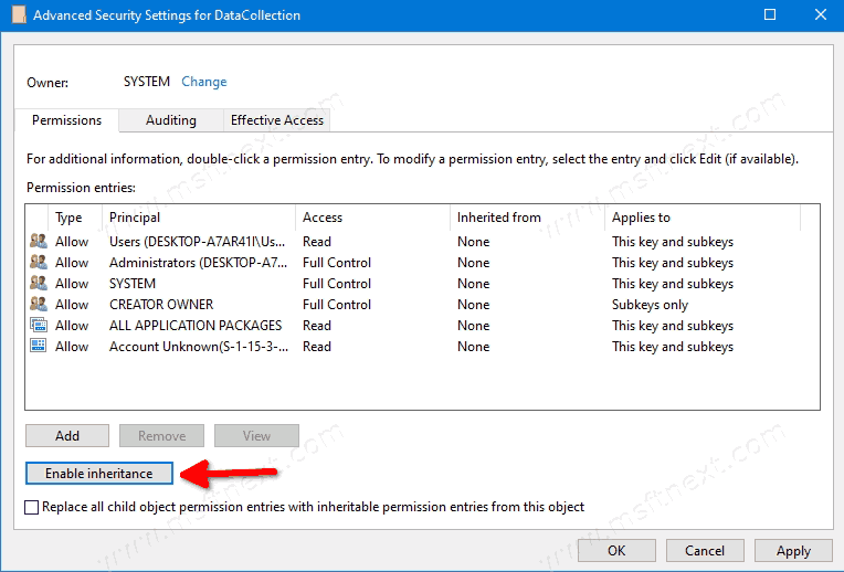 Windows 10 Reenable Inheritance Message For Registry Key