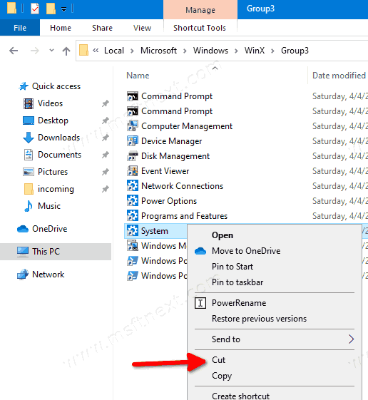 Rearrange or Delete Win + X Menu Items in Windows 10
