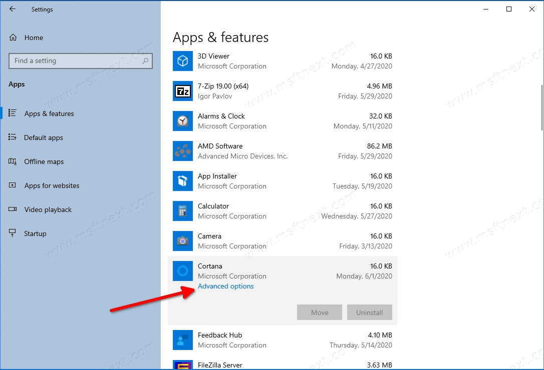 Prevent Cortana From Starting In Apps And Features 1