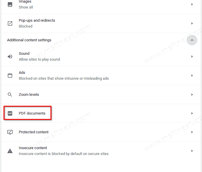 Chrome Additional Content Settings PDF Documents
