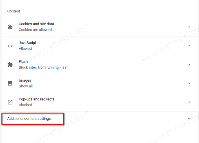 Chrome Additional Content Settings