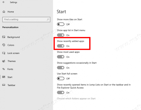 Settings Personalization Start Recently Added Apps