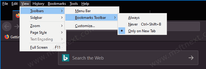 Show Firefox Bookmarks toolbar only on New Tab Page