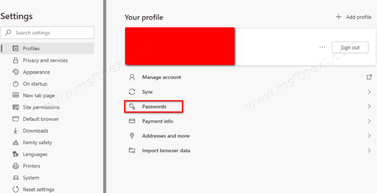 Microsoft Edge Passwords Option In Profiles Settings