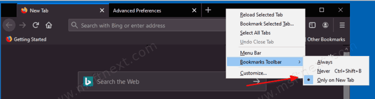 Show Firefox Bookmarks Toolbar Only On New Tab Page