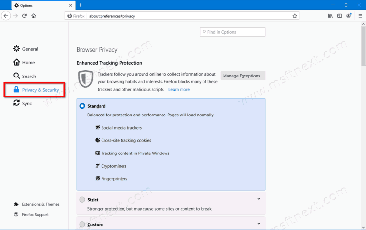 Firefox Privacy And Security In Options