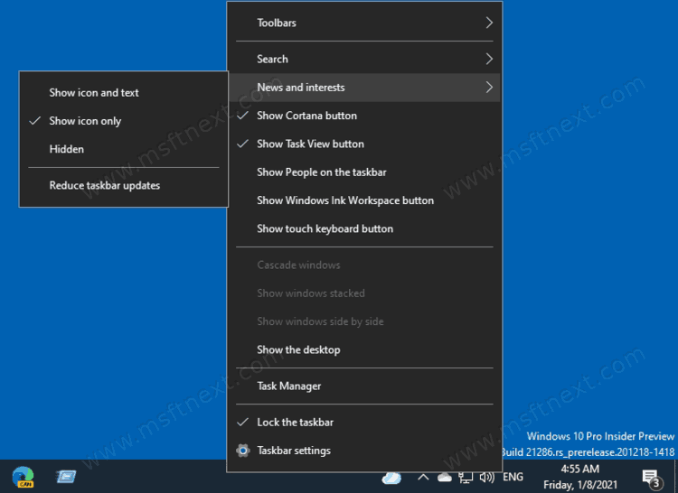 Show / hide News and Interests on the Windows 10 taskbar